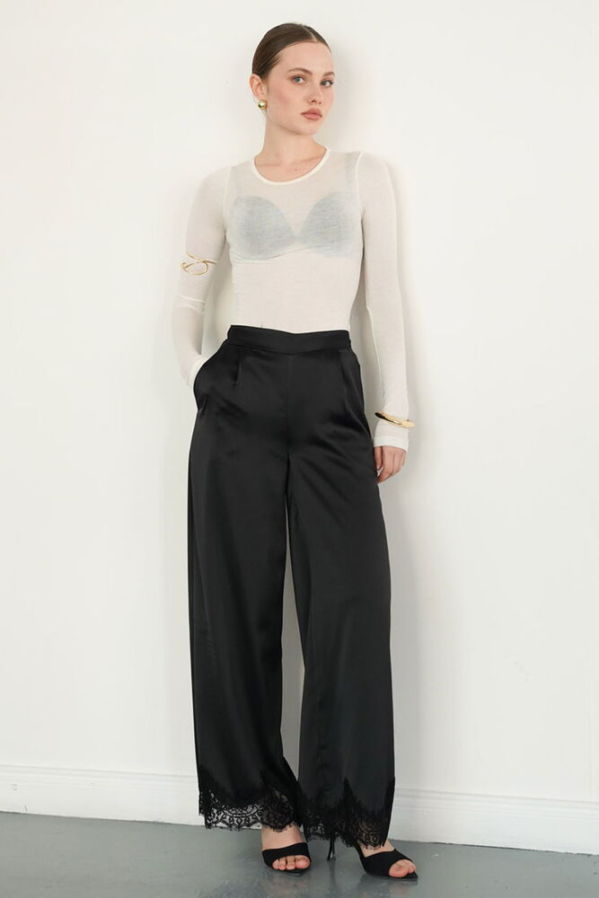 D2969 PAÇASI DANTELLİ SATEN PANTOLON - SİYAH