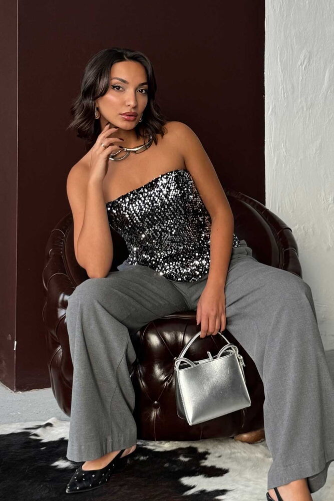 F 2056 ARKADAN FERMUARLI STRAPLEZ BLUZ - GÜMÜŞ