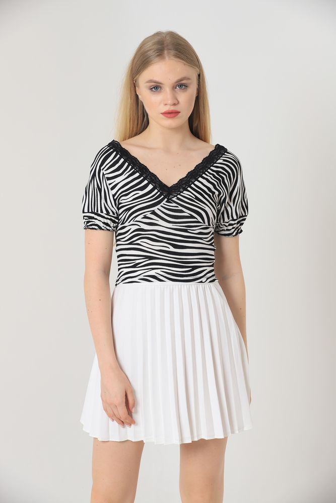 Topshow Siyah Zebra V Yaka Yakası Dantel Toptan Bluz