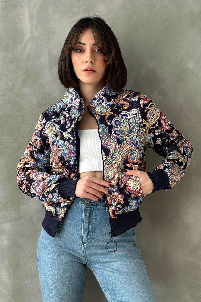 Topshow Lacivert Desenli Crop Toptan Mont