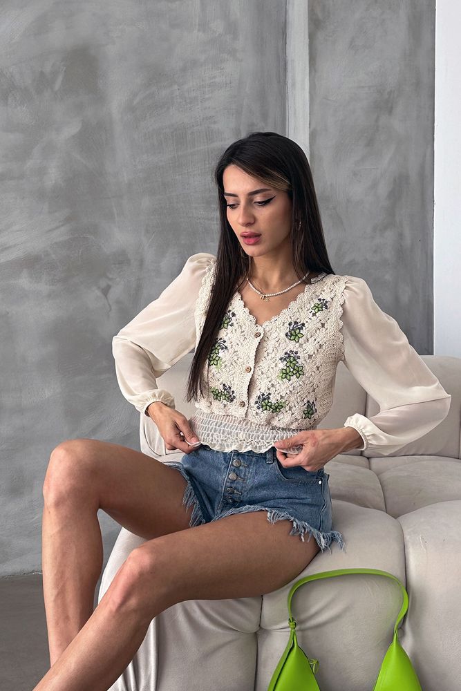 Topshow Zümrüt Şifon Kollu Triko Toptan Bluz