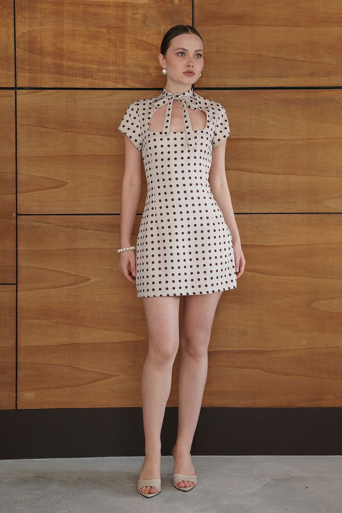 D 2978 PUANTİYELİ SATEN ELBİSE - TAŞ