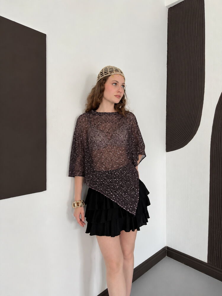 D 3118 ASİMETRİK KESİM YARASA KOL PULLU FİLE BLUZ - BORDO