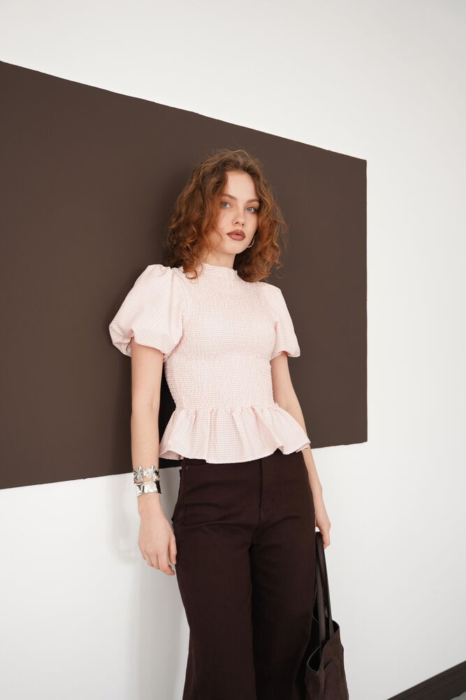 Gipeli Bisiklet Yaka T Toptan Bluz - Pudra | D2999 - Topshow