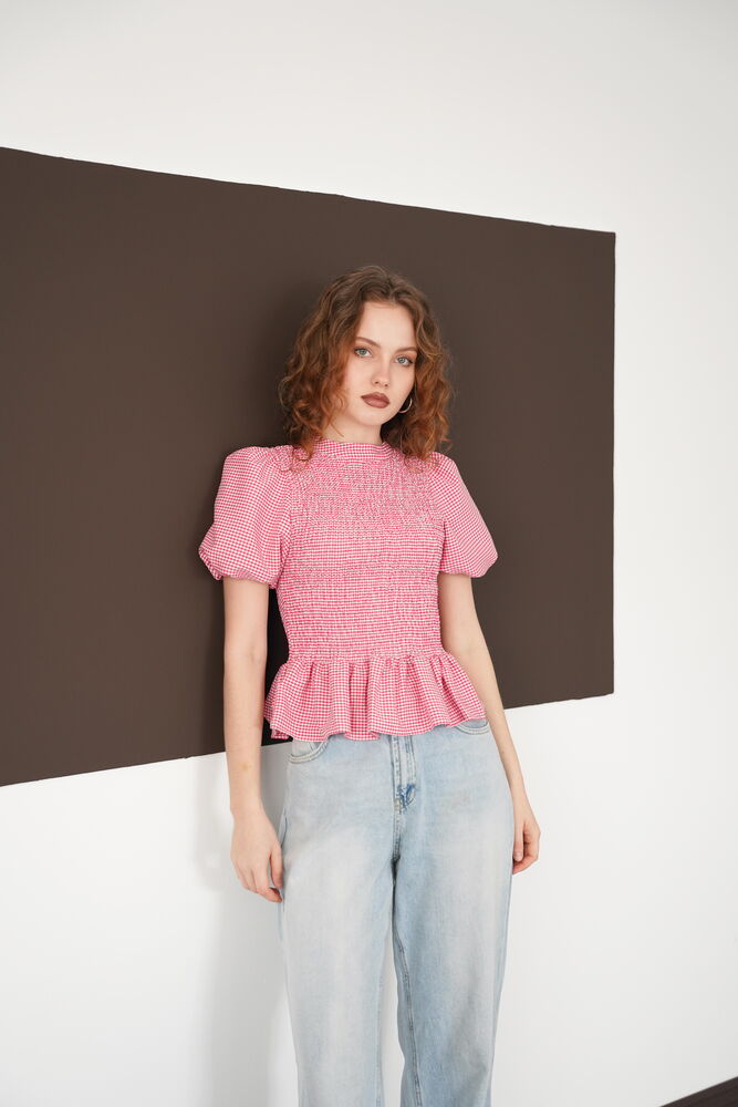 Gipeli Bisiklet Yaka T Toptan Bluz - Kırmızı | D2999 - Topshow