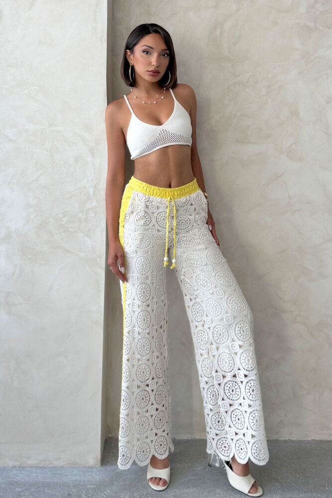 F 1759 KOT DETAYLI DANTEL PANTOLON - SARI