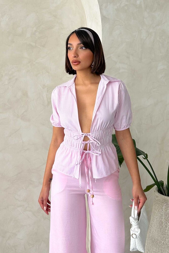 D2812 ÖNDEN BAĞLAMALI ÇİZGİLİ GÖMLEK - PEMBE