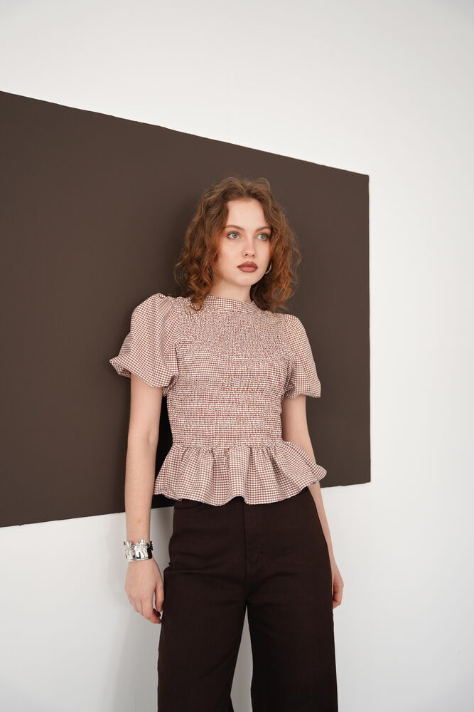 Gipeli Bisiklet Yaka T Toptan Bluz - Kahve | D2999 - Topshow