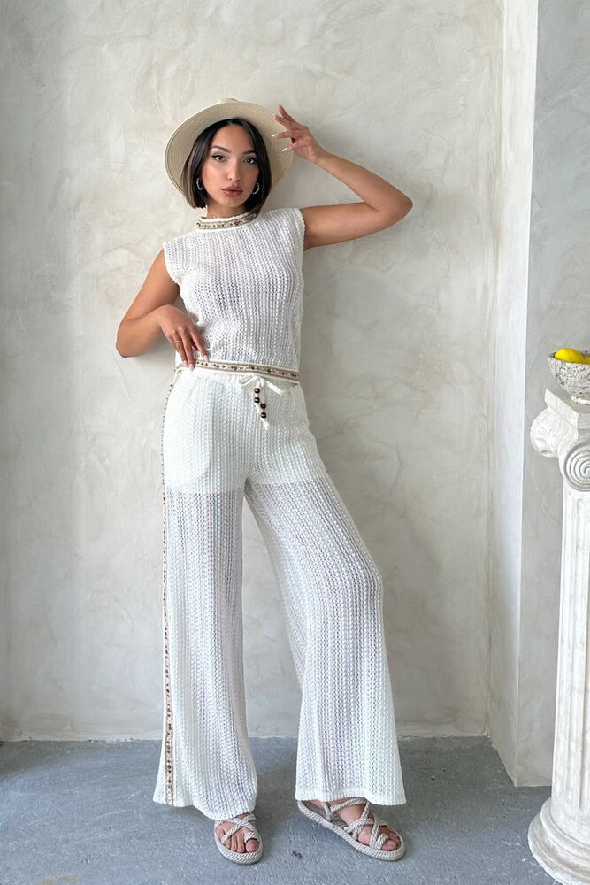 D 2831 ŞERİT DETAYLI DANTEL PANTOLON - HAM