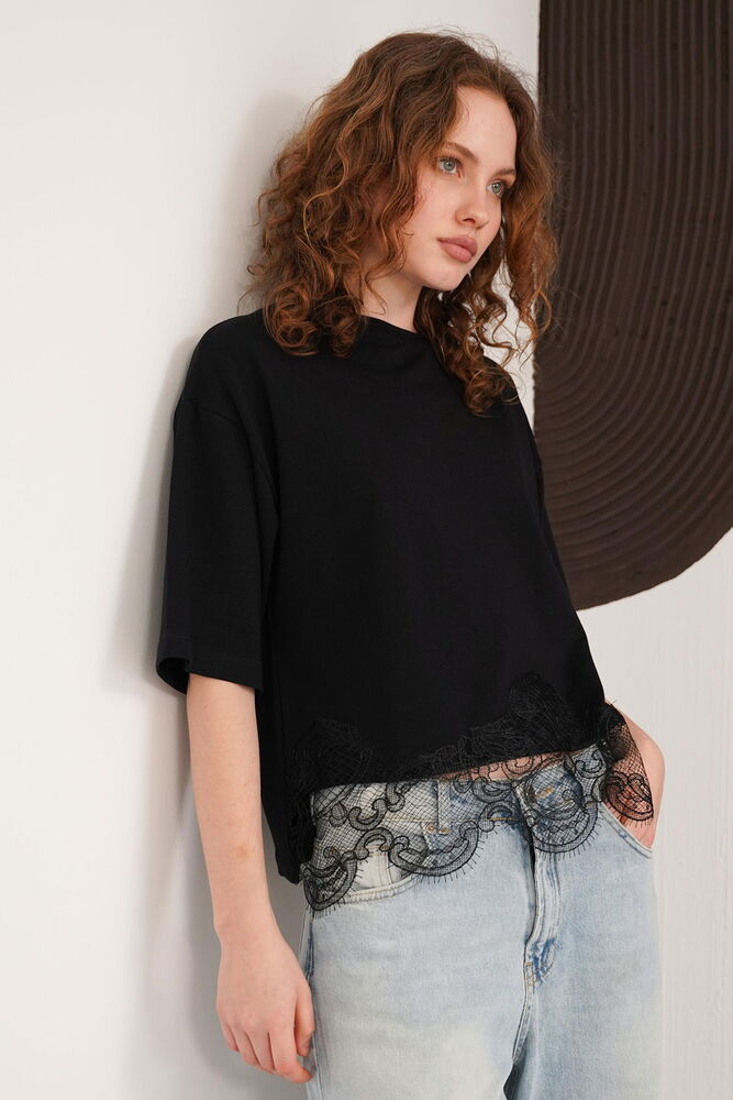 Güpür Detaylı Bisiklet Yaka Toptan T Shırt - Siyah | D3002 - Topshow