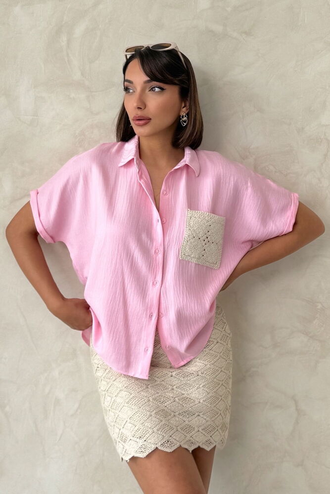 D2360  APLİK CEPLİ KETEN GÖMLEK - PEMBE