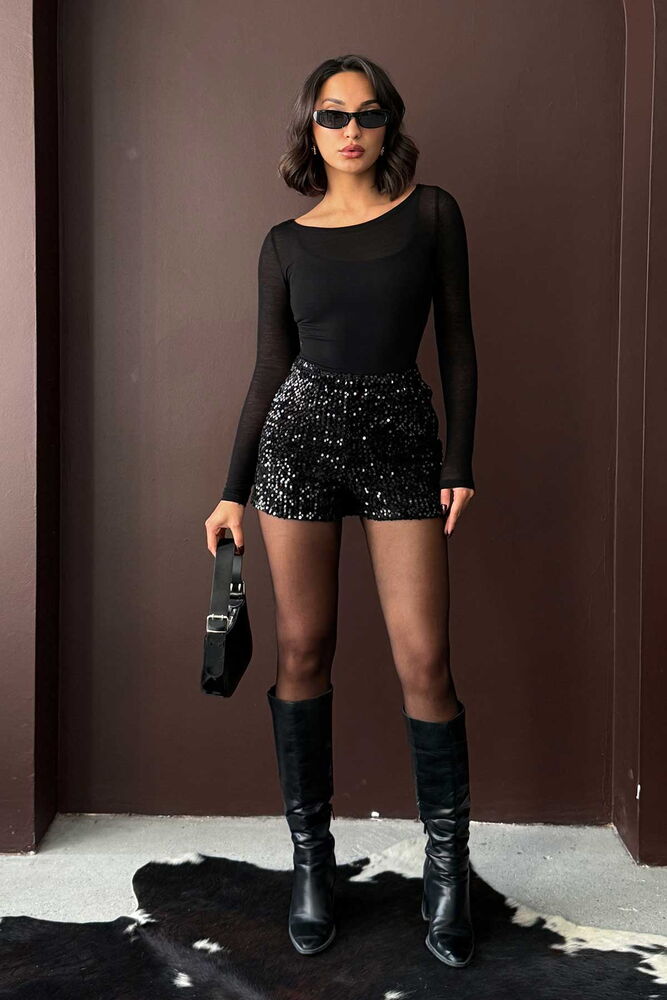 F 2057 PULLU KADİFE ŞORT - SİYAH