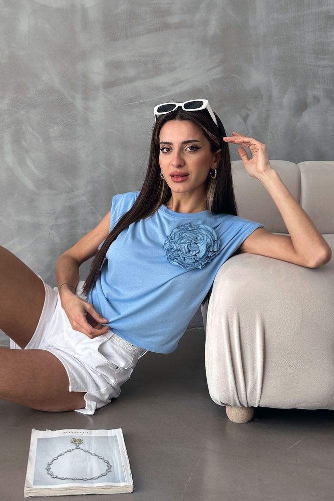 Topshow Mavi Gül Detaylı Toptan T-Shirt