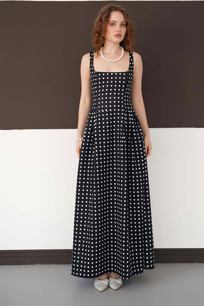 Puantiyeli Askılı Boydan Toptan Elbise - Siyah Krem | D3004 - Topshow