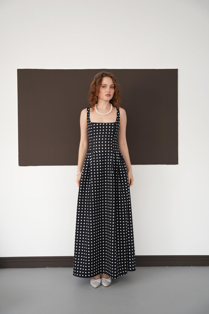 Puantiyeli Askılı Boydan Toptan Elbise - Siyah Krem | D3004 - Topshow