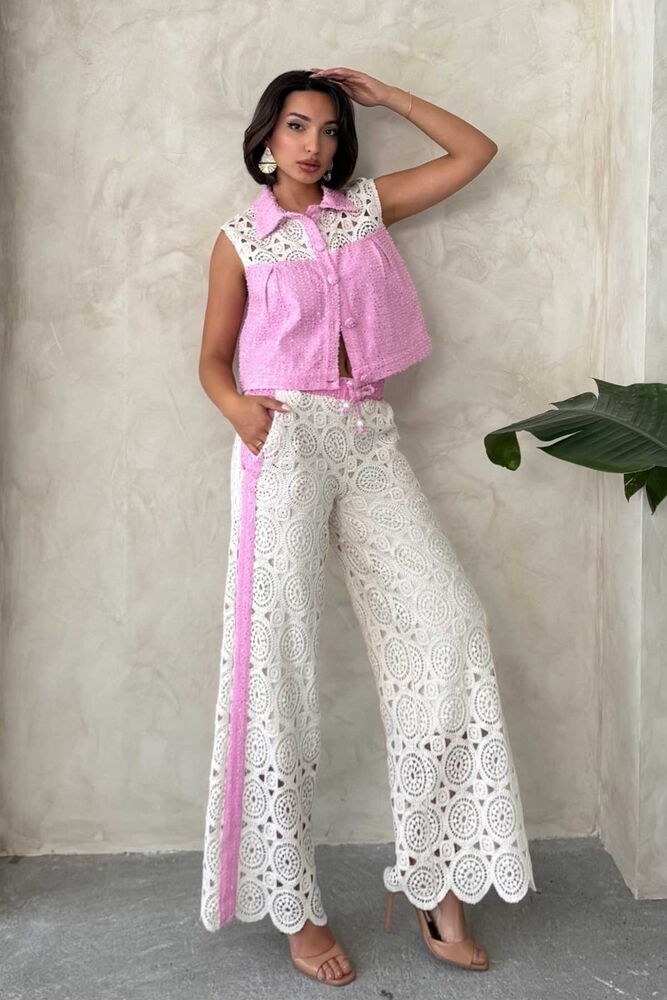 F 1759 KOT DETAYLI DANTEL PANTOLON - PEMBE