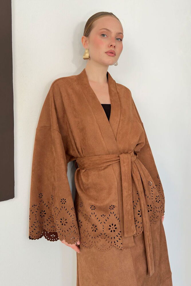 F 2164 LAZER KESİM KUŞAKLI SÜET CEKET/KİMONO - TABA
