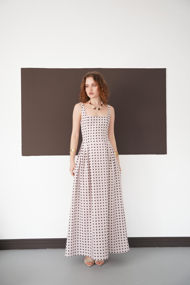 Puantiyeli Askılı Boydan Toptan Elbise - Taş Kahve | D3004 - Topshow