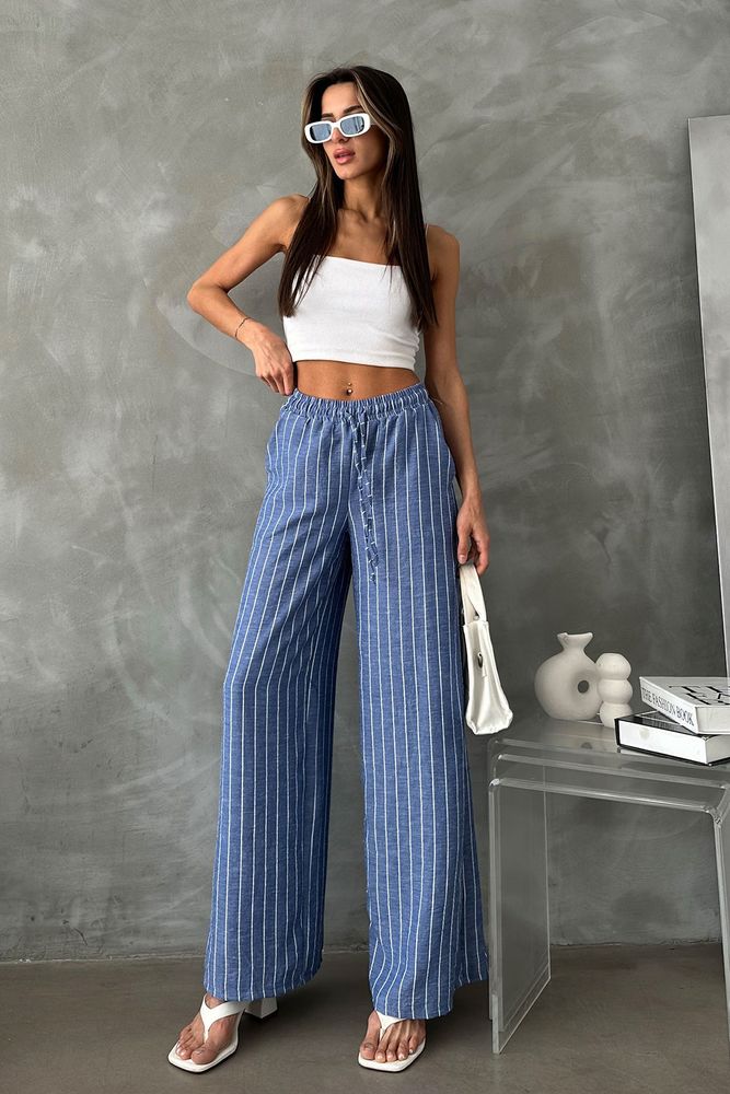 Topshow Saks Çizgili Keten Toptan Pantolon