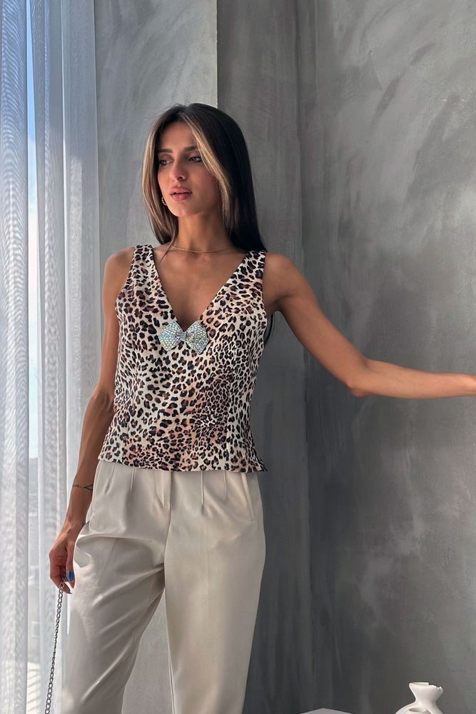 Topshow Küçük Leopar Fiyonklu Leopar Baskılı Toptan Bluz