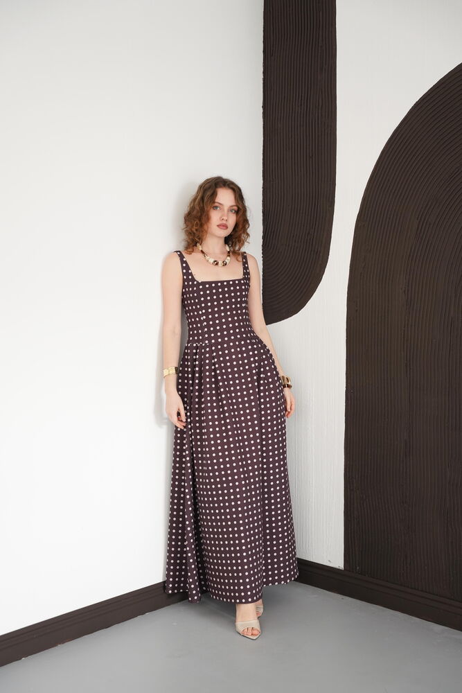 Puantiyeli Askılı Boydan Toptan Elbise - Kahve Taş | D3004 - Topshow