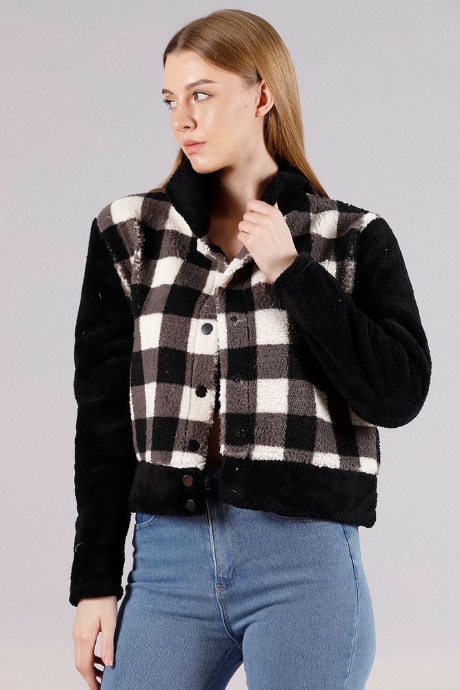 Toptan Polar Çıtçıtlı Toptan Mont - Siyah Dama | TOPSHOW