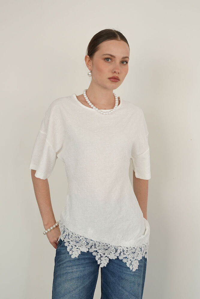 D 2992 ETEK UCU DSNTEL BİSİKLET YAKA T-SHIRT - KREM