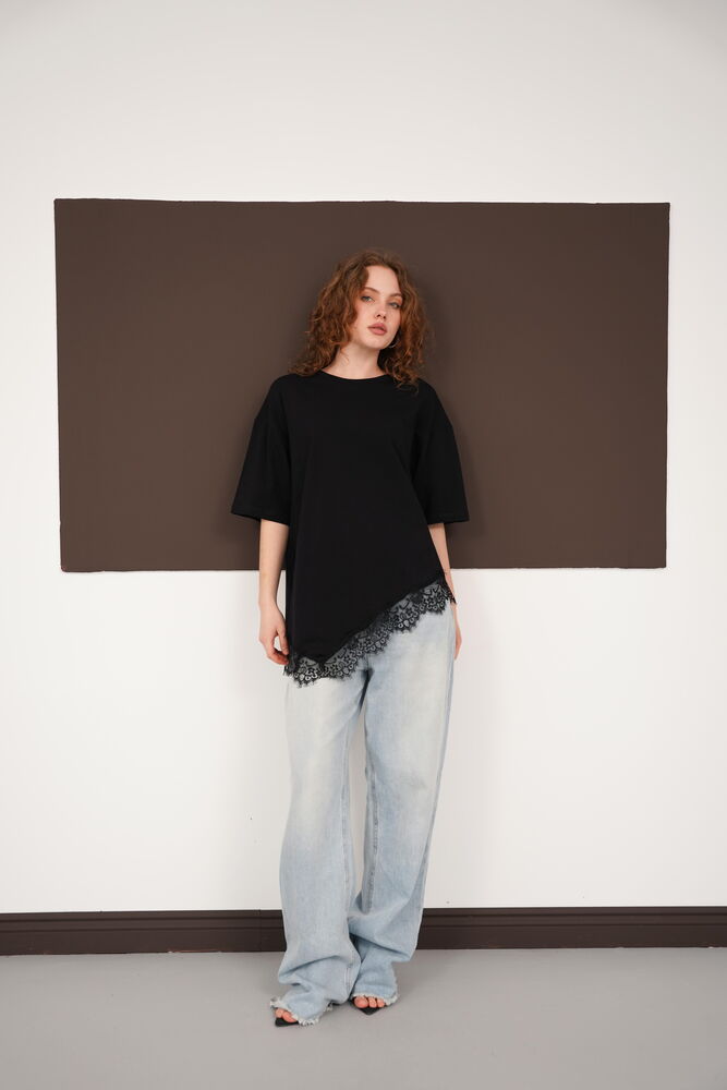 Dantel Detaylı Bisiklet Yaka Toptan T Shırt - Siyah | D3005 - Topshow