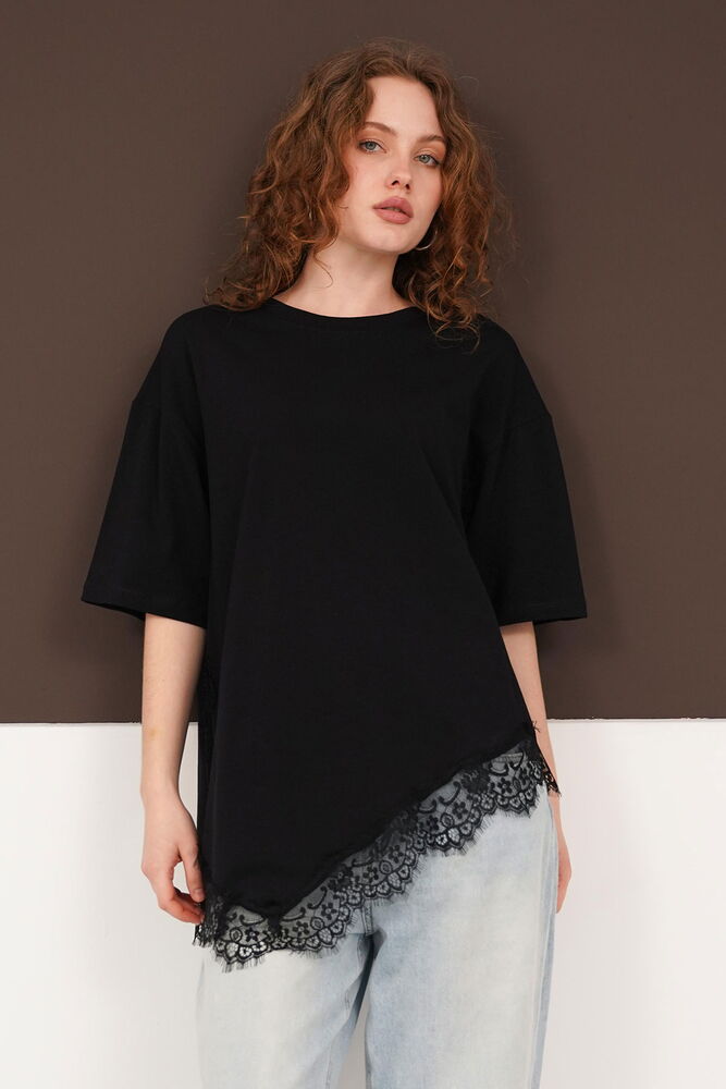 Dantel Detaylı Bisiklet Yaka Toptan T Shırt - Siyah | D3005 - Topshow