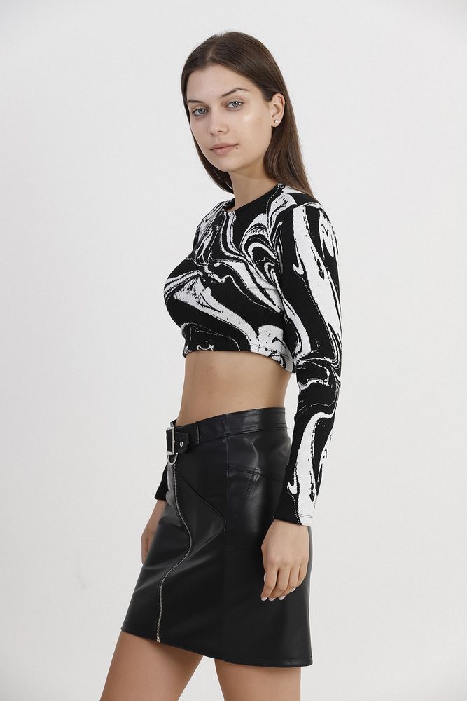 Crop Jakarlı Toptan Bluz - Siyah Ebruli | TOPSHOW
