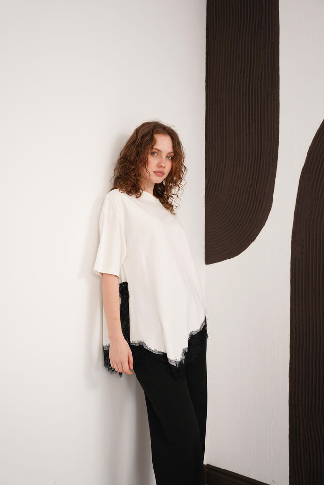 Dantel Detaylı Bisiklet Yaka Toptan T Shırt - Krem | D3005 - Topshow