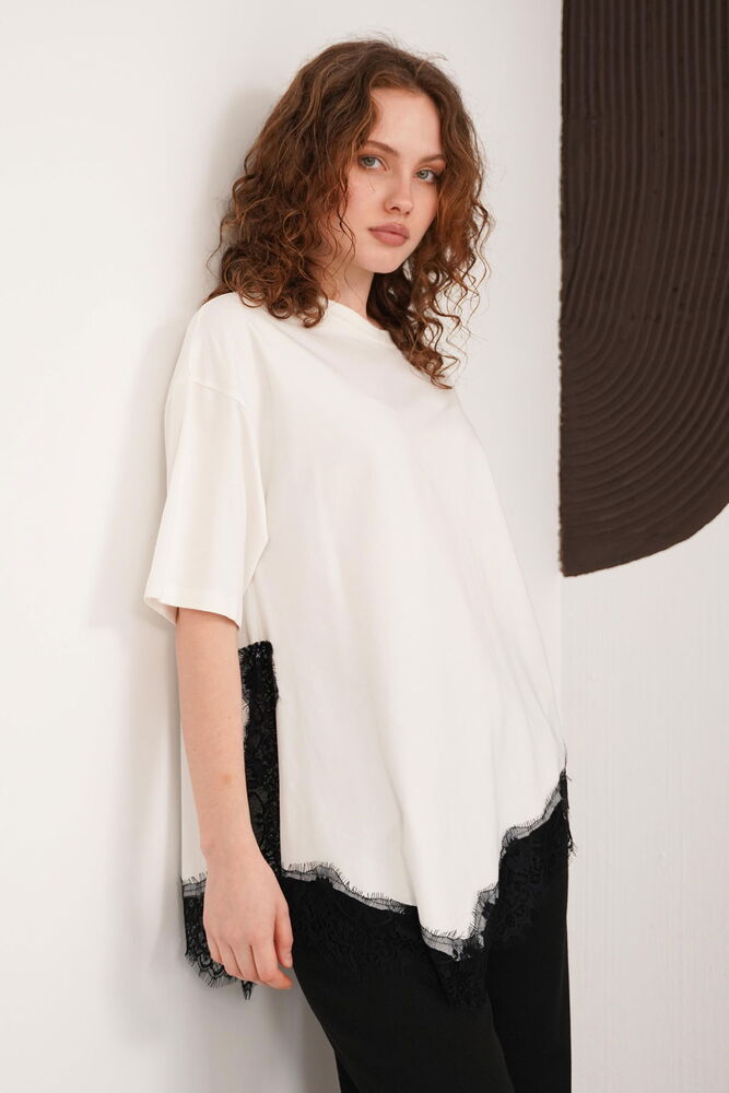 Dantel Detaylı Bisiklet Yaka Toptan T Shırt - Krem | D3005 - Topshow