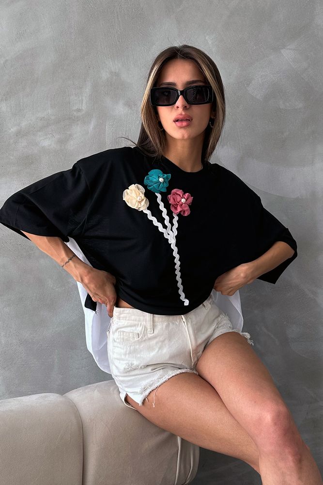 Topshow Siyah Krem Çiçek Detaylı Toptan T-Shirt