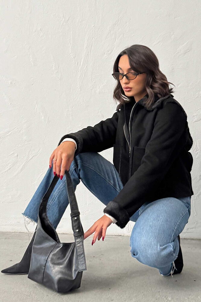 F 2027 SÜET TAVŞAN LAMİNE MONT - SİYAH