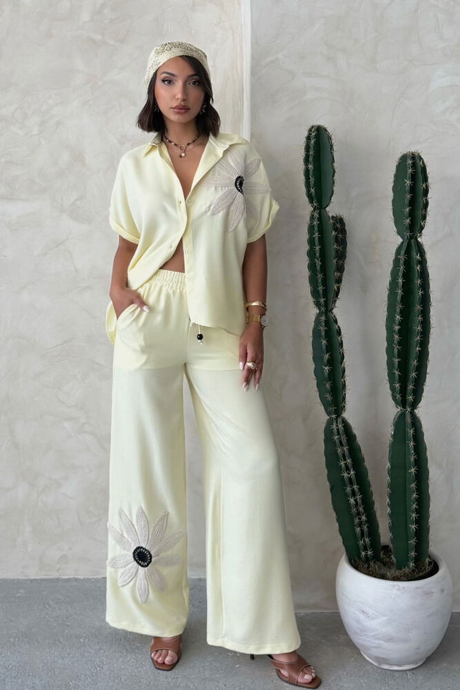 D 2925 ÇİÇEK DETAYLI PANTOLON - SARI