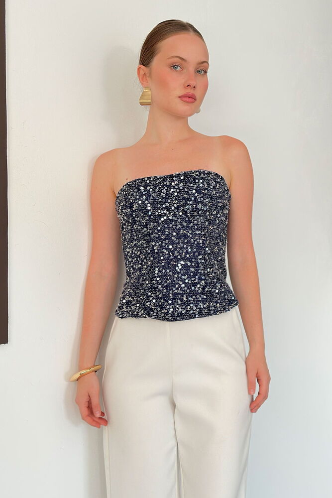 D 3123 PUL PAYET STRAPLEZ BLUZ - LACİVERT