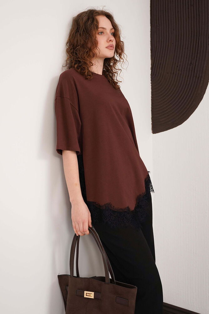Dantel Detaylı Bisiklet Yaka Toptan T Shırt - Kahve | D3005 - Topshow