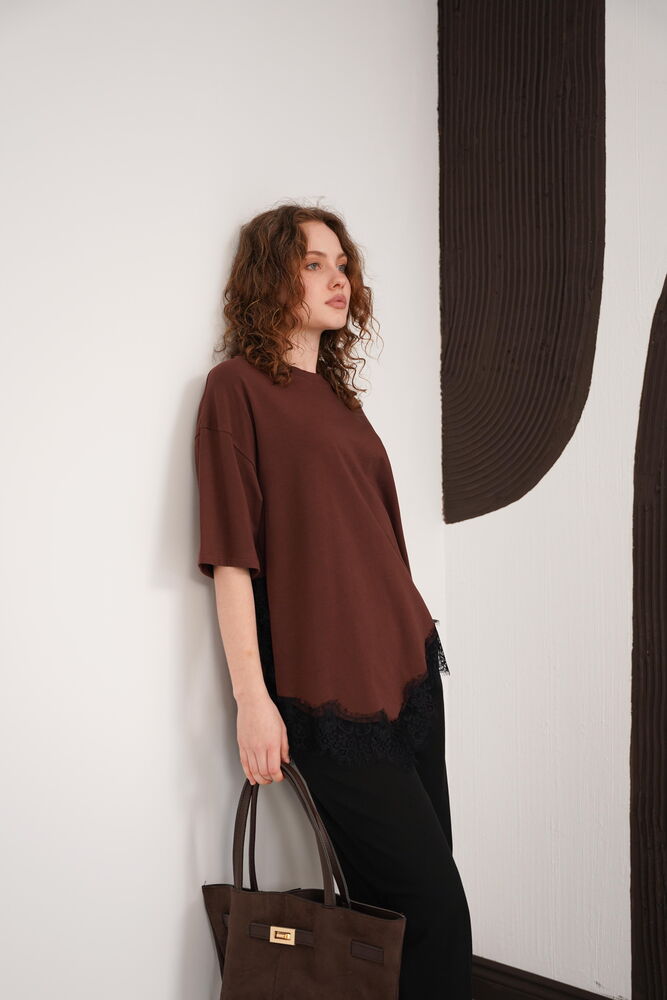 Dantel Detaylı Bisiklet Yaka Toptan T Shırt - Kahve | D3005 - Topshow