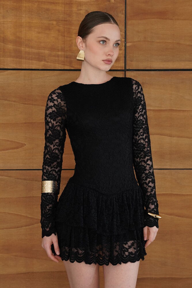 F 2075 ETEK UCU İKİ KADEMELİ DANTEL ELBİSE - SİYAH