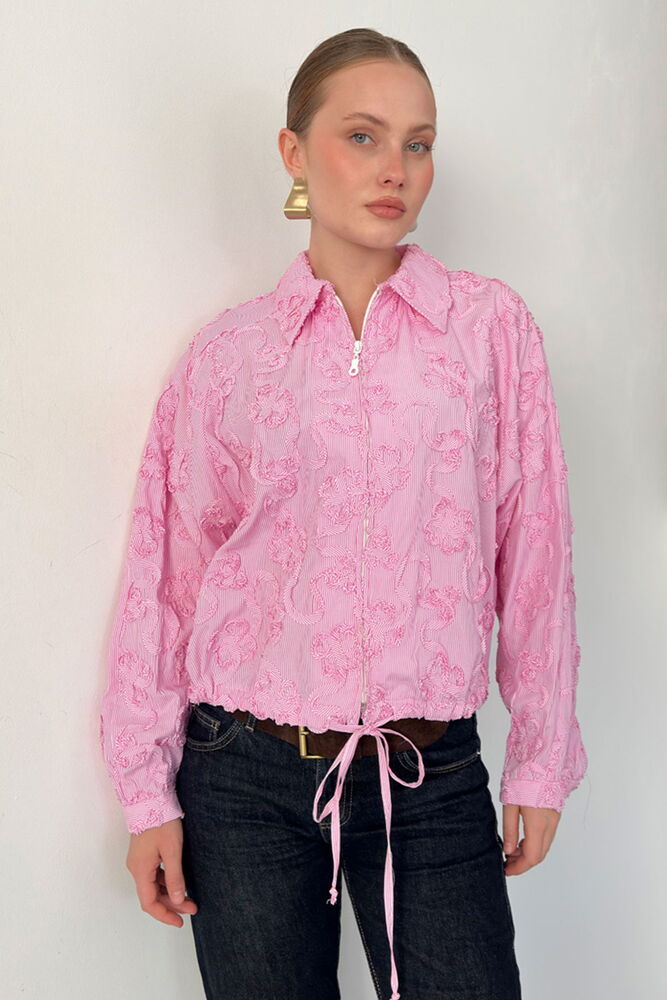 Topshow Kabartma Motifli Fermuarlı Ceket - Pembe | F2150