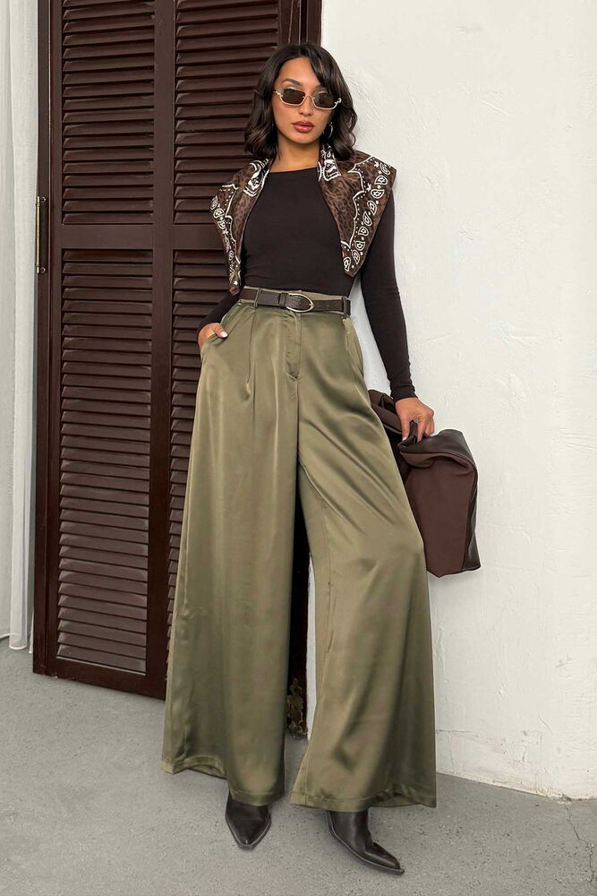 High Waist Wide-Leg Satin Trousers – Stylish and Comfortable Design - Khaki | F2052