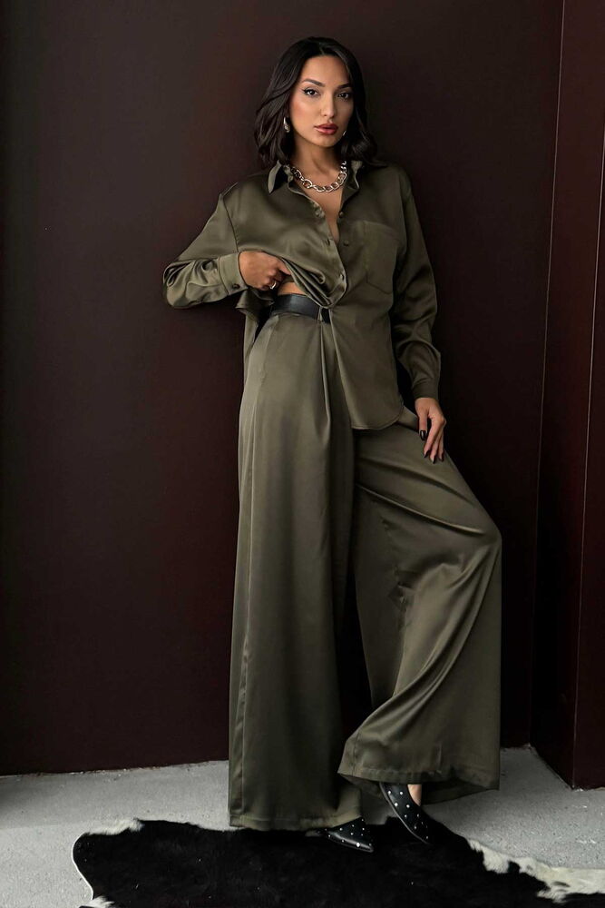 Yüksek Bel Bol Paça Saten Pantolon – Şık Ve Rahat Tasarım - Haki | F2052