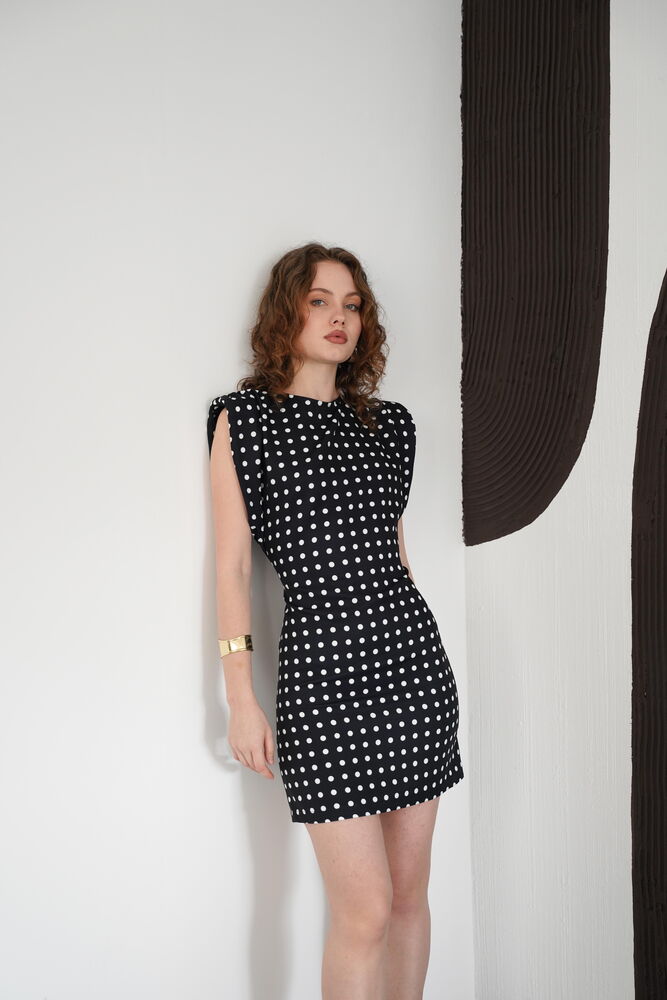 Puantiyeli Bisiklet Yaka Diz Üstü Toptan Elbise - Siyah | D3013 - Topshow