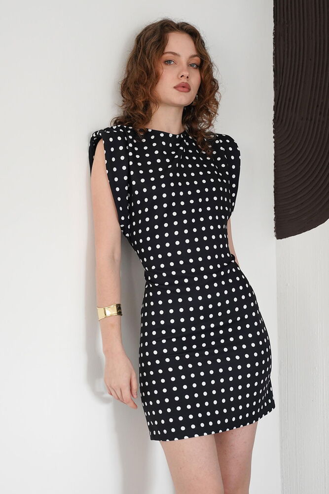 Puantiyeli Bisiklet Yaka Diz Üstü Toptan Elbise - Siyah | D3013 - Topshow