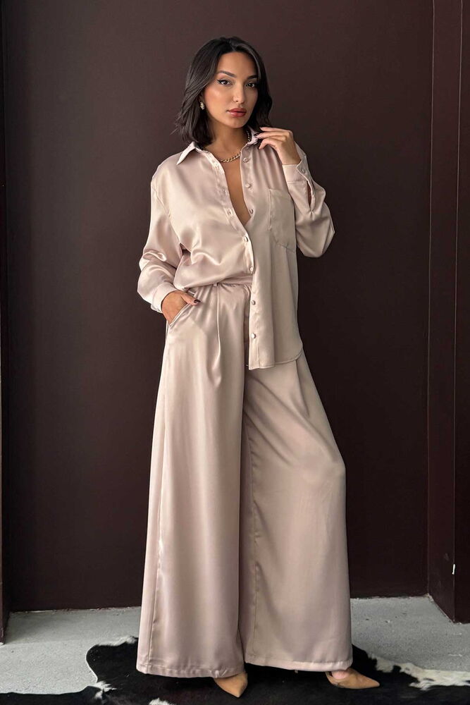 Yüksek Bel Bol Paça Saten Pantolon – Şık Ve Rahat Tasarım - Taş | F2052