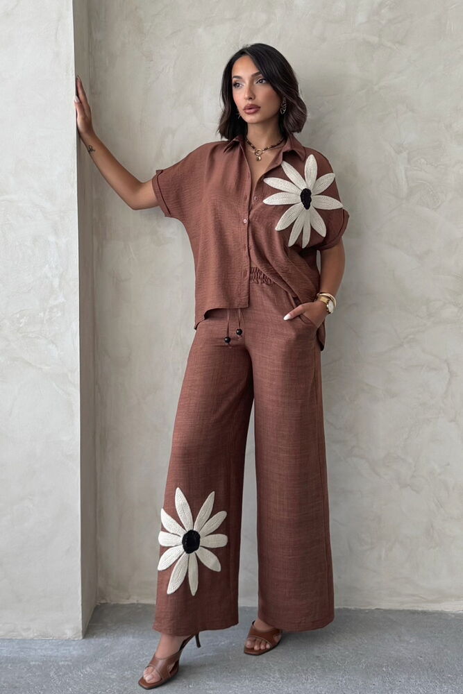 D 2925 ÇİÇEK DETAYLI PANTOLON - KAHVE