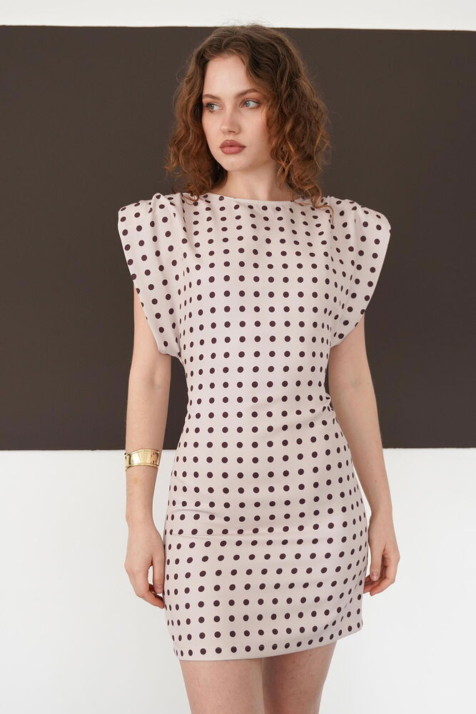 Puantiyeli Bisiklet Yaka Diz Üstü Toptan Elbise - Taş | D3013 - Topshow