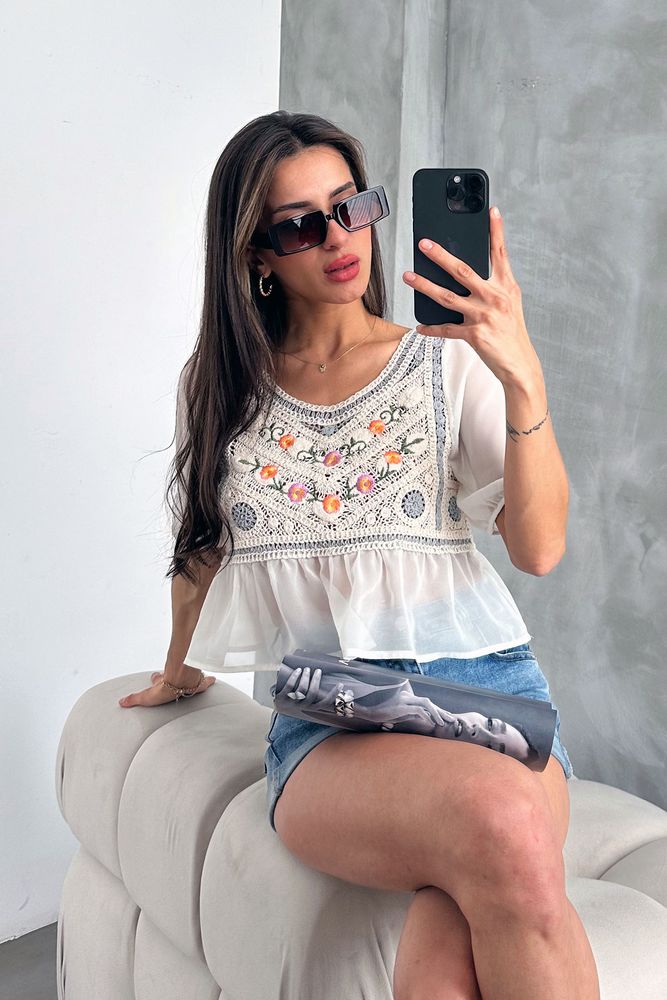 Topshow Taş Gri Nakışlı Toptan Bluz