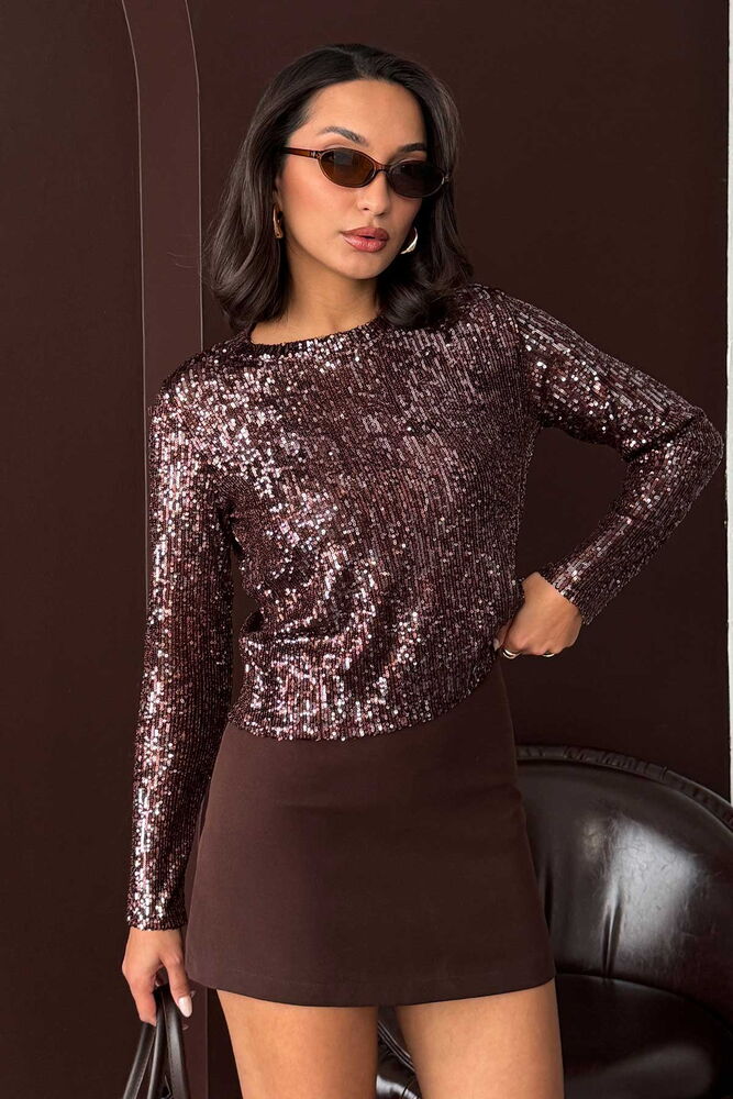 Topshow Işıltılı Pul İşlemeli Uzun Kollu Toptan Payet Bluz- - KOYU KAHVE