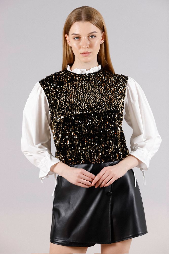 Topshow Siyah Gold Beden Pulpayet Kollar Saten Toptan Sweat